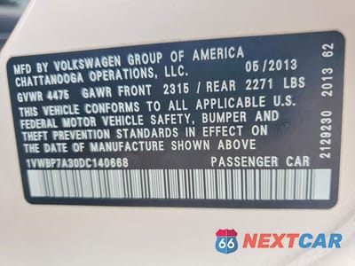 Zdjęcie 13 z 13 samochodu: 2013 VOLKSWAGEN PASSAT SE VIN:1VWBP7A30DC140668 - miniatura