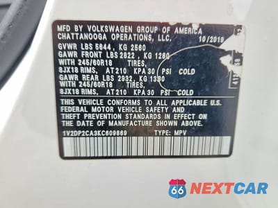 Zdjęcie 13 z 13 samochodu: 2019 VOLKSWAGEN ATLAS SE VIN:1V2DP2CA3KC609869 - miniatura
