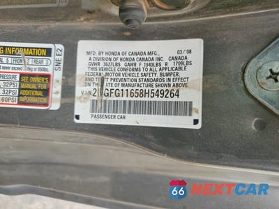 Zdjęcie 12 z 12 samochodu: 2008 HONDA CIVIC LX VIN:2HGFG11658H549264 - miniatura
