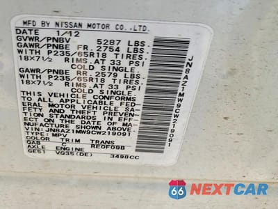 Zdjęcie 14 z 14 samochodu: 2012 NISSAN MURANO S VIN:JN8AZ1MW9CW219091 - miniatura