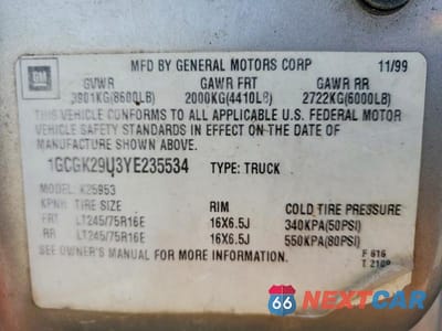 Zdjęcie 12 z 12 samochodu: 2000 CHEVROLET SILVERADO K2500 VIN:1GCGK29U3YE235534 - miniatura