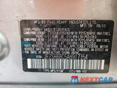 Zdjęcie 13 z 13 samochodu: 2010 SUBARU FORESTER XS VIN:JF2SH6BC5AH917354 - miniatura
