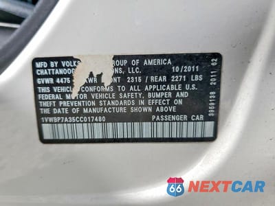 Zdjęcie 12 z 12 samochodu: 2012 VOLKSWAGEN PASSAT SE VIN:1VWBP7A35CC017480 - miniatura