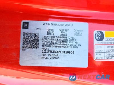 Zdjęcie 12 z 12 samochodu: 2020 CHEVROLET CAMARO LS VIN:1G1FB3DX2L0120909 - miniatura
