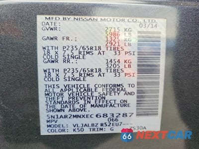 Zdjęcie 13 z 13 samochodu: 2014 NISSAN PATHFINDER S VIN:5N1AR2MNXEC683287 - miniatura
