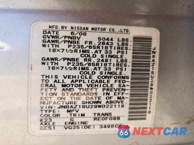 Zdjęcie 12 z 12 samochodu: 2009 NISSAN MURANO S VIN:JN8AZ18U29W022118 - miniatura