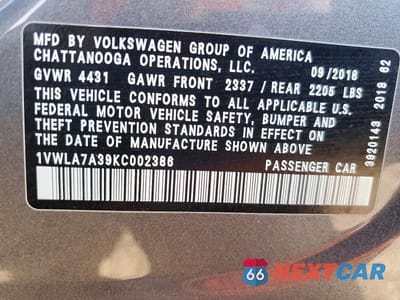 Zdjęcie 12 z 12 samochodu: 2019 VOLKSWAGEN PASSAT WOLFSBURG VIN:1VWLA7A39KC002386 - miniatura