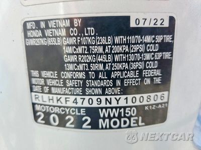 Zdjęcie 9 z 9 samochodu: 2022 HONDA WW150 VIN:RLHKF4709NY100806 - miniatura