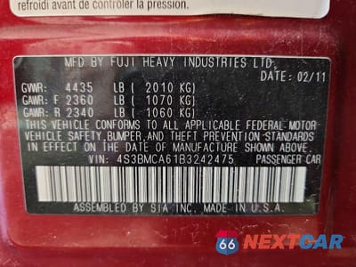 Zdjęcie 12 z 12 samochodu: 2011 SUBARU LEGACY 2.5I VIN:4S3BMCA61B3242475 - miniatura