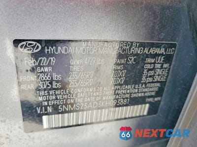Zdjęcie 13 z 13 samochodu: 2019 HYUNDAI SANTA FE SE VIN:5NMS23AD3KH093881 - miniatura