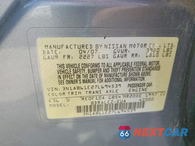 Zdjęcie 12 z 12 samochodu: 2007 NISSAN SENTRA 2.0 VIN:3N1AB61E27L694539 - miniatura