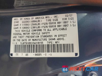 Zdjęcie 12 z 12 samochodu: 2007 ACURA RDX VIN:5J8TB18537A018155 - miniatura