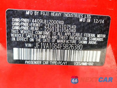 Zdjęcie 12 z 12 samochodu: 2015 SUBARU WRX LIMITED VIN:JF1VA1G64F9826380 - miniatura
