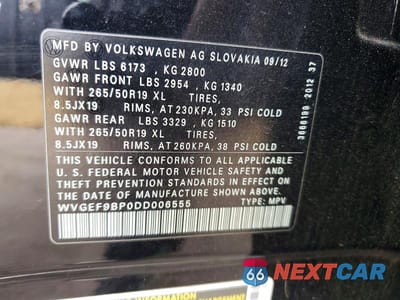 Zdjęcie 12 z 12 samochodu: 2013 VOLKSWAGEN TOUAREG V6 VIN:WVGEF9BP0DD006555 - miniatura