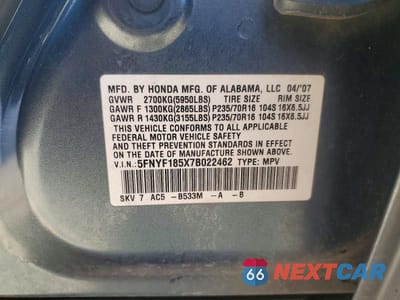 Zdjęcie 13 z 13 samochodu: 2007 HONDA PILOT EXL VIN:5FNYF185X7B022462 - miniatura