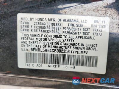 Zdjęcie 13 z 13 samochodu: 2012 HONDA ODYSSEY EXL VIN:5FNRL5H64CB002358 - miniatura