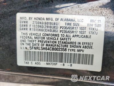Zdjęcie 13 z 13 samochodu: 2012 HONDA ODYSSEY EXL VIN:5FNRL5H64CB002358 - miniatura