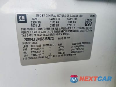 Zdjęcie 13 z 13 samochodu: 2012 GMC TERRAIN SLE VIN:2GKFLTEK0C6355893 - miniatura