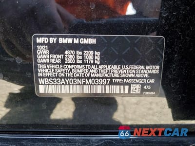 Zdjęcie 12 z 12 samochodu: 2022 BMW M3 COMPETITION VIN:WBS33AY03NFM03997 - miniatura