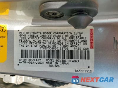 Zdjęcie 12 z 12 samochodu: 2003 LEXUS ES 300 BASE VIN:JTHBF30G830123702 - miniatura