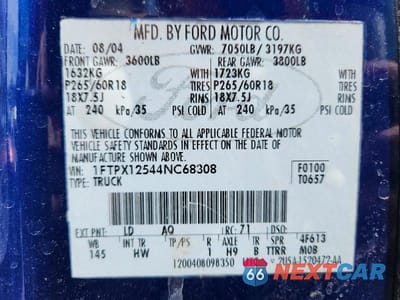 Zdjęcie 12 z 12 samochodu: 2004 FORD F150 VIN:1FTPX12544NC68308 - miniatura