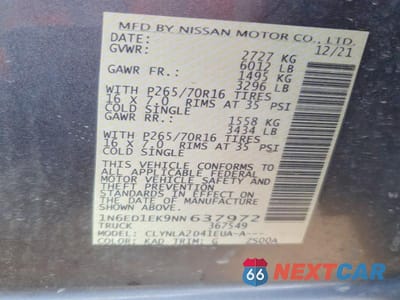 Zdjęcie 12 z 12 samochodu: 2022 NISSAN FRONTIER S VIN:1N6ED1EK9NN637972 - miniatura