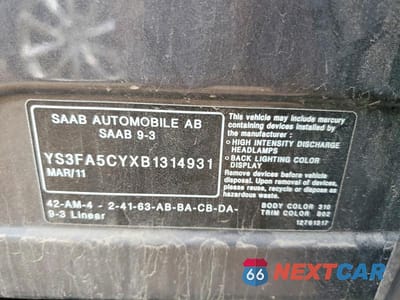 Zdjęcie 12 z 12 samochodu: 2011 SAAB 9-3 2.0T VIN:YS3FA5CYXB1314931 - miniatura