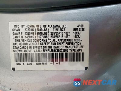 Zdjęcie 13 z 13 samochodu: 2008 HONDA ODYSSEY EXL VIN:5FNRL386X8B072295 - miniatura