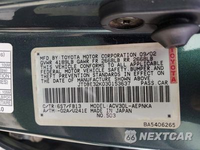 Zdjęcie 12 z 12 samochodu: 2003 TOYOTA CAMRY VIN:JTDBE32K030153637 - miniatura