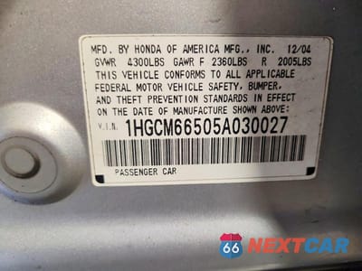 Zdjęcie 13 z 13 samochodu: 2005 HONDA ACCORD EX VIN:1HGCM66505A030027 - miniatura