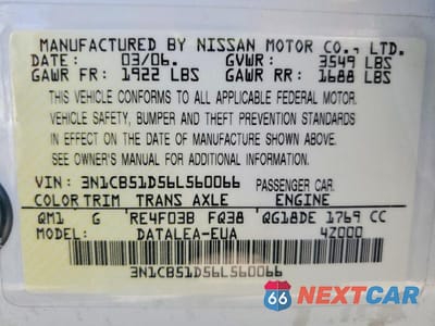 Zdjęcie 13 z 13 samochodu: 2006 NISSAN SENTRA 1.8 VIN:3N1CB51D56L560066 - miniatura