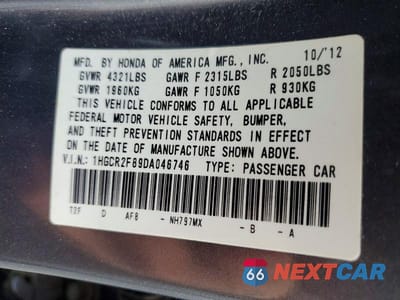 Zdjęcie 12 z 12 samochodu: 2013 HONDA ACCORD EXL VIN:1HGCR2F89DA046746 - miniatura