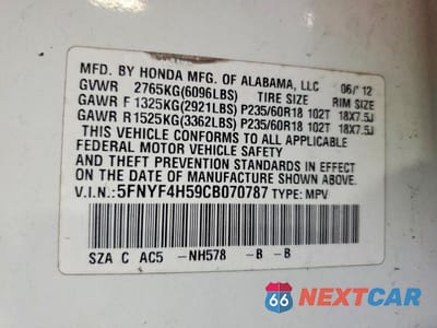 Zdjęcie 13 z 13 samochodu: 2012 HONDA PILOT EXL VIN:5FNYF4H59CB070787 - miniatura