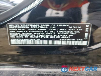 Zdjęcie 12 z 12 samochodu: 2016 VOLKSWAGEN PASSAT S VIN:1VWAT7A36GC054194 - miniatura