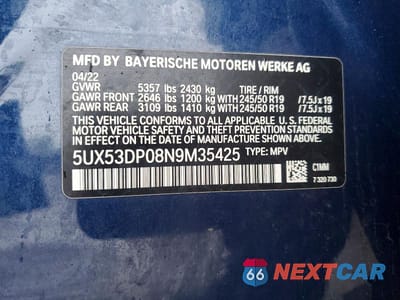 Zdjęcie 13 z 13 samochodu: 2022 BMW X3 XDRIVE30I VIN:5UX53DP08N9M35425 - miniatura
