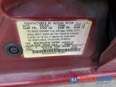 Zdjęcie 12 z 12 samochodu: 2003 NISSAN SENTRA XE VIN:3N1CB51DX3L712905 - miniatura