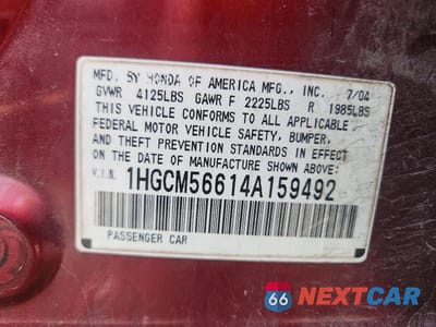 Zdjęcie 12 z 12 samochodu: 2004 HONDA ACCORD EX VIN:1HGCM56614A159492 - miniatura