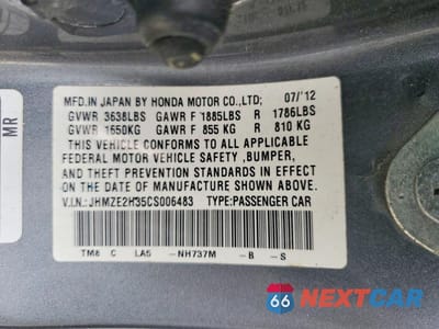 Zdjęcie 12 z 12 samochodu: 2012 HONDA INSIGHT VIN:JHMZE2H35CS006483 - miniatura