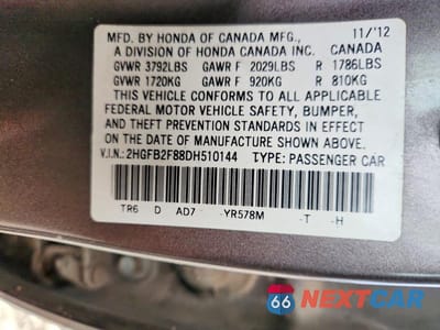 Zdjęcie 12 z 12 samochodu: 2013 HONDA CIVIC EX VIN:2HGFB2F88DH510144 - miniatura