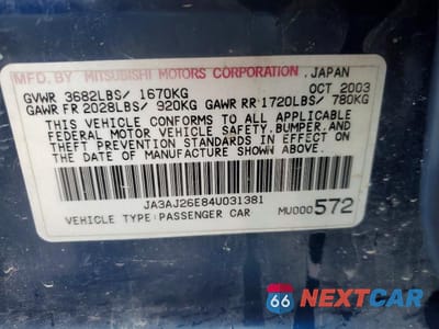 Zdjęcie 12 z 12 samochodu: 2004 MITSUBISHI LANCER ES VIN:JA3AJ26E84U031381 - miniatura