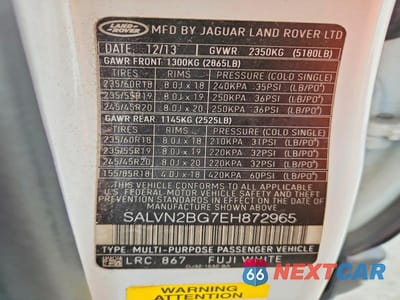 Zdjęcie 13 z 13 samochodu: 2014 LAND ROVER RANGE ROVER EVOQUE PURE VIN:SALVN2BG7EH872965 - miniatura