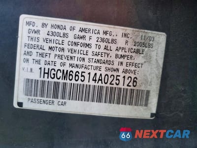 Zdjęcie 12 z 12 samochodu: 2004 HONDA ACCORD EX VIN:1HGCM66514A025126 - miniatura