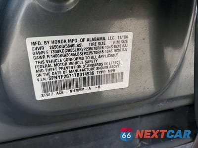 Zdjęcie 12 z 12 samochodu: 2007 HONDA PILOT EXL VIN:5FNYF28717B014936 - miniatura