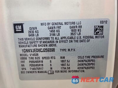Zdjęcie 13 z 13 samochodu: 2012 CHEVROLET TRAVERSE LT VIN:1GNKVJED8CJ259398 - miniatura