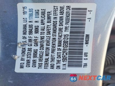 Zdjęcie 13 z 13 samochodu: 2016 HONDA CIVIC EX VIN:19XFC2F81GE001315 - miniatura