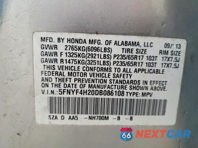 Zdjęcie 14 z 14 samochodu: 2013 HONDA PILOT LX VIN:5FNYF4H20DB086108 - miniatura