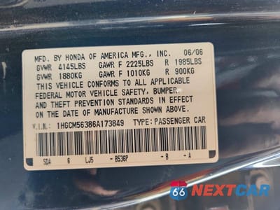 Zdjęcie 12 z 12 samochodu: 2006 HONDA ACCORD SE VIN:1HGCM56386A173849 - miniatura