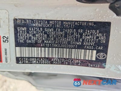 Zdjęcie 13 z 13 samochodu: 2018 TOYOTA CAMRY XLE VIN:4T1B11HK0JU039971 - miniatura