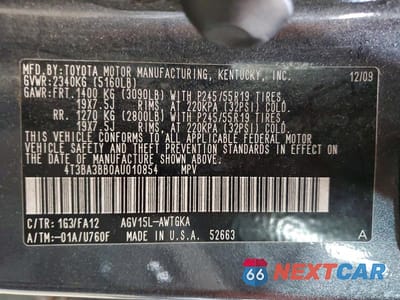 Zdjęcie 13 z 13 samochodu: 2010 TOYOTA VENZA AWD 4CYL VIN:4T3BA3BB0AU010854 - miniatura