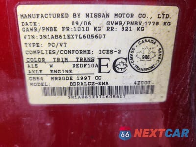 Zdjęcie 12 z 12 samochodu: 2007 NISS SENTRA VIN:3N1AB61EX7L605607 - miniatura